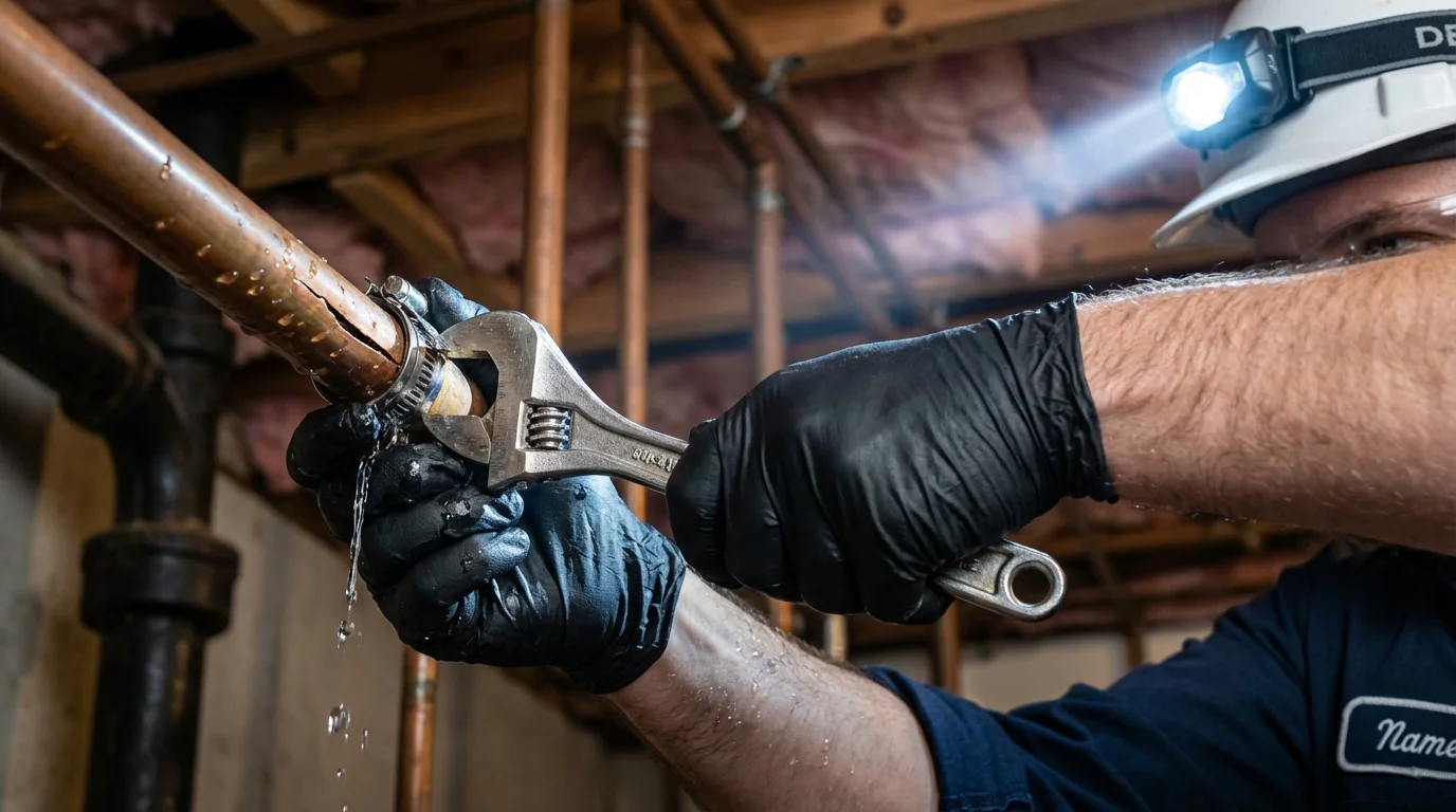 Emergency pipe clamp repair being performed by a Johns Plumbing LLC plumber in Buhl
