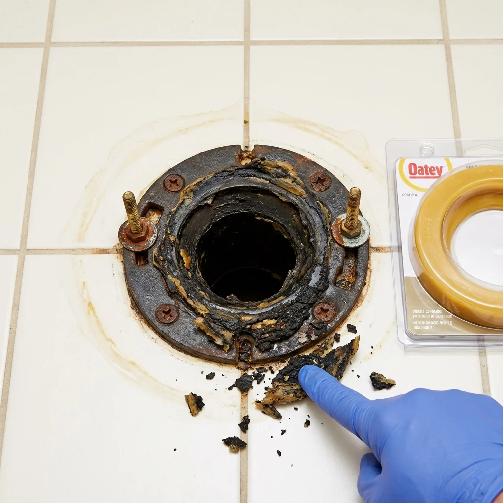 Failed wax ring showing water seepage at the base of a toilet in a Buhl, ID home