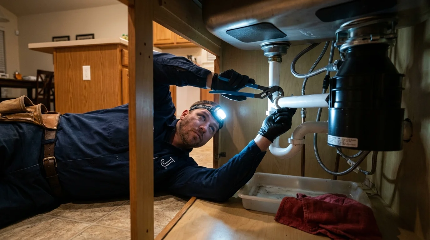 P-trap and supply line connections under a kitchen sink showing a common leak point in Buhl, ID